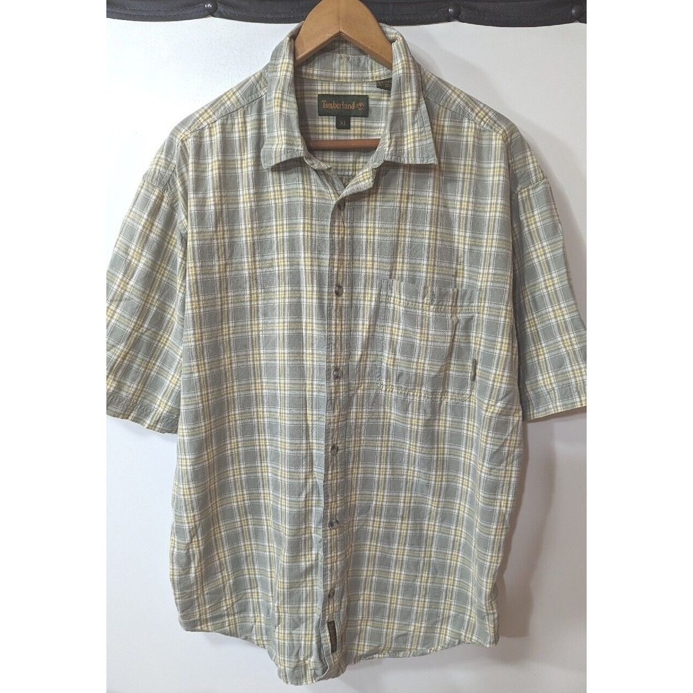 TIMBERLAND MEN'S XL SHORT SLEEVE SHIRT PLAID YELLOW GREEN CHECK BUTTON UP SHIRT